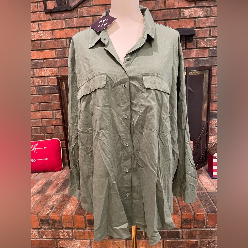 Ava & Viv Sage Green Button-Down Long Sleeve 2x Shirt